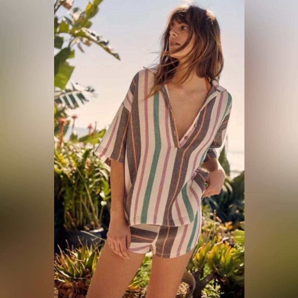 Free People Soleil Time Polo Shirt in Kauai Stripe Women’s LG